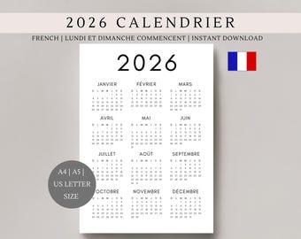 Calendrier 2026 en français | calendrier minimaliste | calendrier annuel | Single page | Printable planner | A4, A5, US Letter size