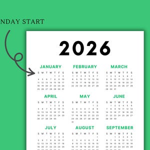 2026 Calendar | Single page | Sunday start | Monday start | Desk calendar | wall calendar | printable calendar | 2026 planner | printable planner | calendar template | calendar digital | digital planner | calendar 2026 | Instant download | 2026 year calendar | full year calendar | minimal calendar |  aesthetic calendar |  2026 calendar poster | yearly calendar | advent calendar | PDF | journal calendar | green calendar | homeschool planner