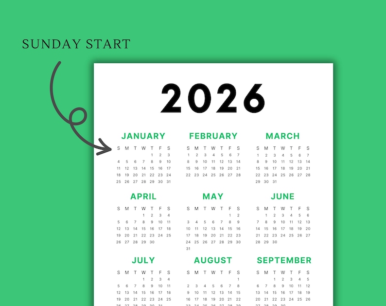2026 Calendar | Single page | Sunday start | Monday start | Desk calendar | wall calendar | printable calendar | 2026 planner | printable planner | calendar template | calendar digital | digital planner | calendar 2026 | Instant download | 2026 year calendar | full year calendar | minimal calendar |  aesthetic calendar |  2026 calendar poster | yearly calendar | advent calendar | PDF | journal calendar | green calendar | homeschool planner