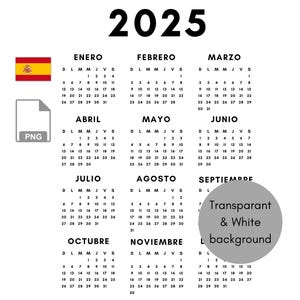 2025 スペイン語カレンダー PNG | 昇華 | 透明な背景 | 即時ダウンロード | 2025 プランナー | 年間カレンダー