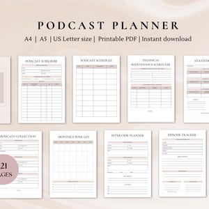 May include: A printable podcast planner with 21 pages. The planner includes sections for podcast subscribe, schedule, technical maintenance, statistics log, collection, monthly podcast, interview planner, episode tracker, and followers.