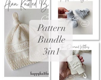 Knit Baby Accessories Pattern Bundle: Beanie, Booties, Mittens (PDF)