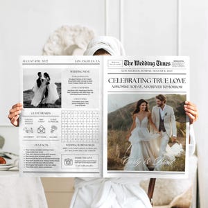 Op de afbeelding: Een huwelijksaankondiging in krantenstijl met foto's van het paar, huwelijksdetails en de tekst "Celebrating True Love". De aankondiging bevat de datum, locatie en de namen "Carly & Brad."