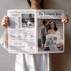 Op de afbeelding: Een huwelijksaankondiging in krantenstijl, vastgehouden door een persoon. De kop luidt "The Newlywed Post" met datum en locatie. Bevat foto's van het paar, gastprijzen en leuke weetjes. De namen "Megan & Jack" worden weergegeven.