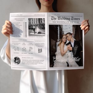 Op de afbeelding: Een huwelijksaankondiging in krantenstijl, gedateerd 8 augustus 2027, uit Los Angeles, LA. De kop luidt "The Wedding Times". Het bevat foto's, gastprijzen en een huwelijksreis fonds. De namen "Emily & Matt" worden weergegeven.