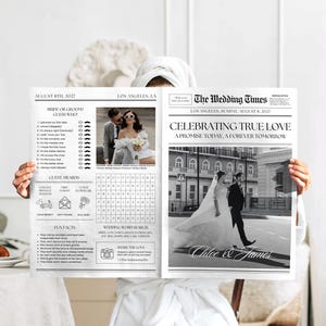 Op de afbeelding: Een huwelijksaankondiging in krantenstijl met zwart-witfoto's van het bruidspaar. De kop luidt "Celebrating True Love". De datum is 8 augustus 2027, met de locatie in Los Angeles, LA.