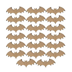 May include: A collection of sixteen wooden bat cutouts, arranged in a grid pattern against a white background. Each bat has a detailed wing design and a natural wood grain finish, perfect for crafting or Halloween decorations.