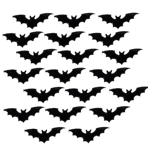 Puede incluir: Un conjunto de decoraciones negras con forma de murciélago, dispuestas en filas sobre un fondo blanco. Cada murciélago tiene un diseño detallado de alas y una pequeña cabeza. Adecuado para proyectos de manualidades de Halloween.