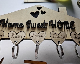 Porte-clés familial personnalisé : Home Sweet Home, coeurs gravés - Organiseur