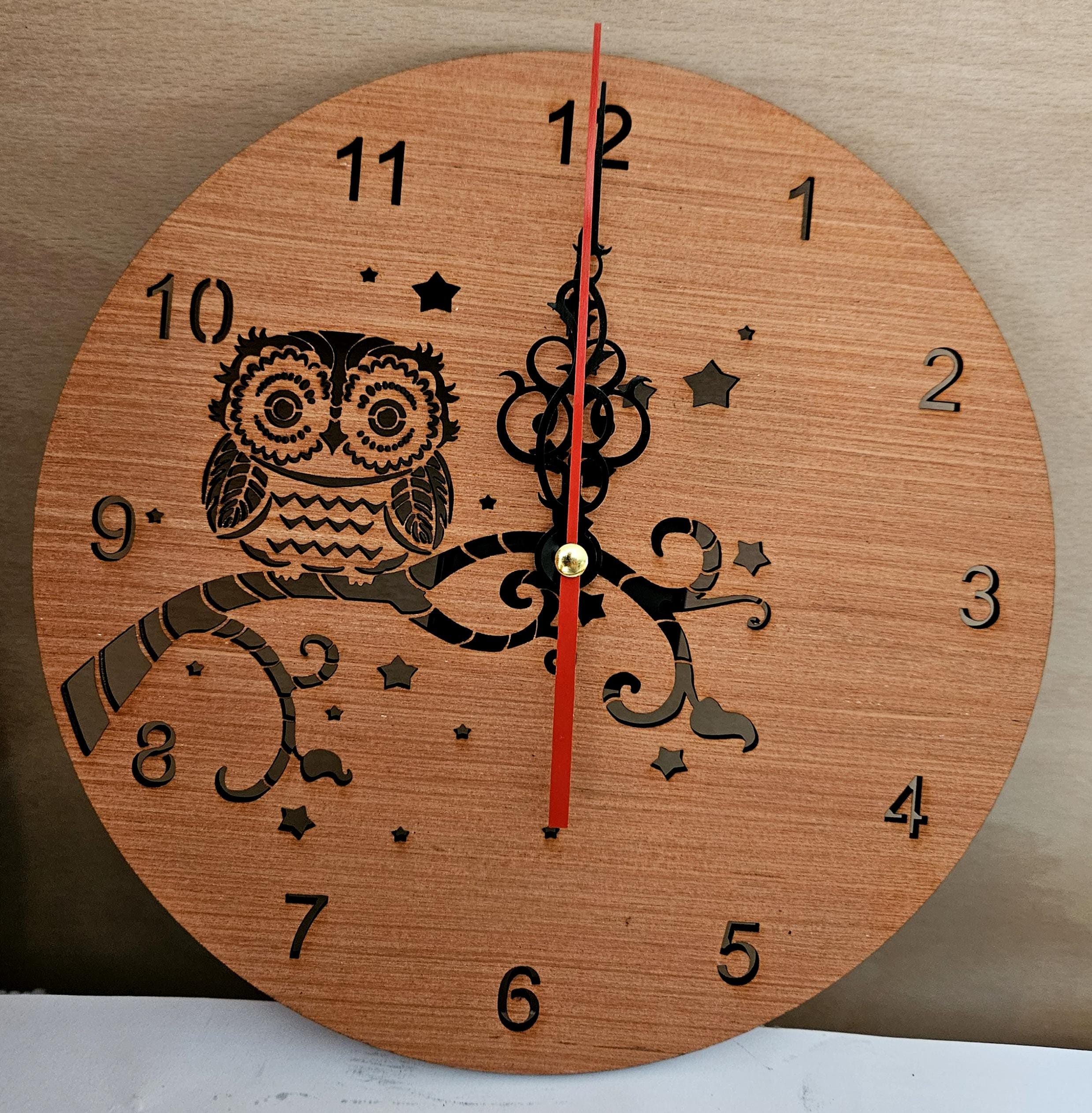 Owl on a branch clock, wooden, laser cut, 25cm, quartz movement, bedroom, living room, home, gift