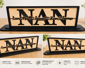 Placa personalizada para la abuela / Letrero con el nombre de la familia / Regalo de madera para la abuela / Recuerdo para los abuelos / Placa independiente / Hasta 6 nombres de la familia