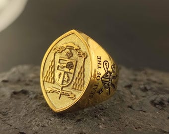 Custom Signet Ring – Personalized Seal Ring with Engraved Family Crest, Coat of Arms,  Custom Design on Top & Sides, Christmas gift