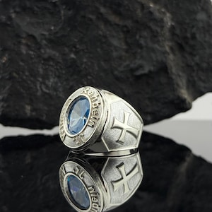 Personalized Bishop Ring with Blue Gemstone, Gold-Plated Apostle Cross Design, Customizable Sides, Clergy Jewelry, Unique Religious Gift