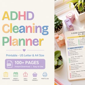Könnte beinhalten: Ein offener Planer mit dem Text "ADHD Cleaning Planner" in bunten Buchstaben. Der Planer ist auf zwei Seiten geöffnet, eine mit einer täglichen Routine und die andere mit einem Wochenplan. Das Bild enthält auch Stifte, Pflanzen und einen Aufkleber "100+ PAGES".