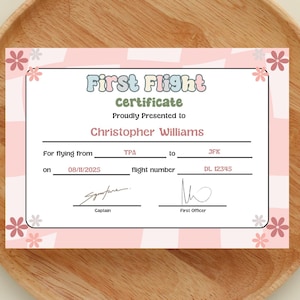 Certificato di primo volo ricordo per neonati, bambini piccoli e bambini / Modello personalizzabile / Download immediato PDF e CANVA