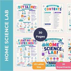 May include: A collection of colorful educational posters for a home science lab. The posters include instructions for experiments, a contents page, a junior scientist certificate, and a welcome message. The set includes 30 pages and 20 experiments, US Letter size.