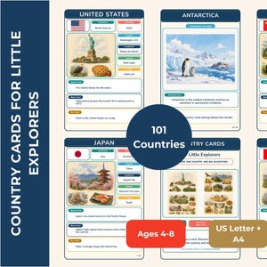 101 schede didattiche sui paesi per bambini, apprendimento della geografia, età 4-8 anni (formato US Letter, A4)