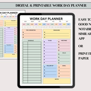May include: A digital and printable work day planner with a calendar, to-do list, schedule, meetings, calls, follow-up, email, and notes sections. The planner is designed for use with Good Notes, Notability, or a similar note-taking app. It can also be printed out on paper. The planner is in US Letter size.