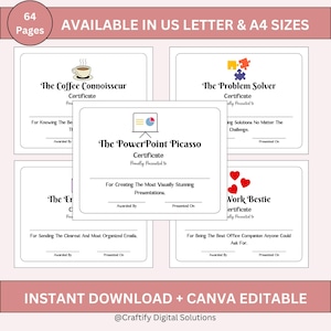 Premios imprimibles para empleados / Certificados de reconocimiento laboral / Plantilla editable de Canva / Tamaño carta y A4 / Humor de oficina