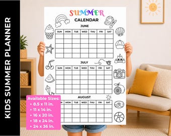 Kids Summer Activity Calendar, Printable Planner Poster (PDF)