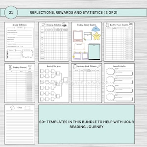 Digital Reading Journal featuring editable trackers, book challenges, mood and statistics trackers, book reviews, and more. Perfect for tracking your reading progress and organizing your books. Printable PDF format, easy to customize and use