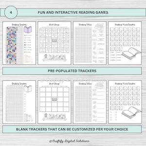 Digital Reading Journal featuring editable trackers, book challenges, mood and statistics trackers, book reviews, and more. Perfect for tracking your reading progress and organizing your books. Printable PDF format, easy to customize and use