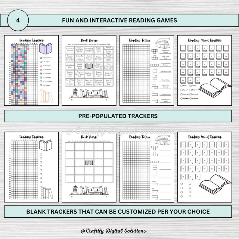 Digital Reading Journal featuring editable trackers, book challenges, mood and statistics trackers, book reviews, and more. Perfect for tracking your reading progress and organizing your books. Printable PDF format, easy to customize and use
