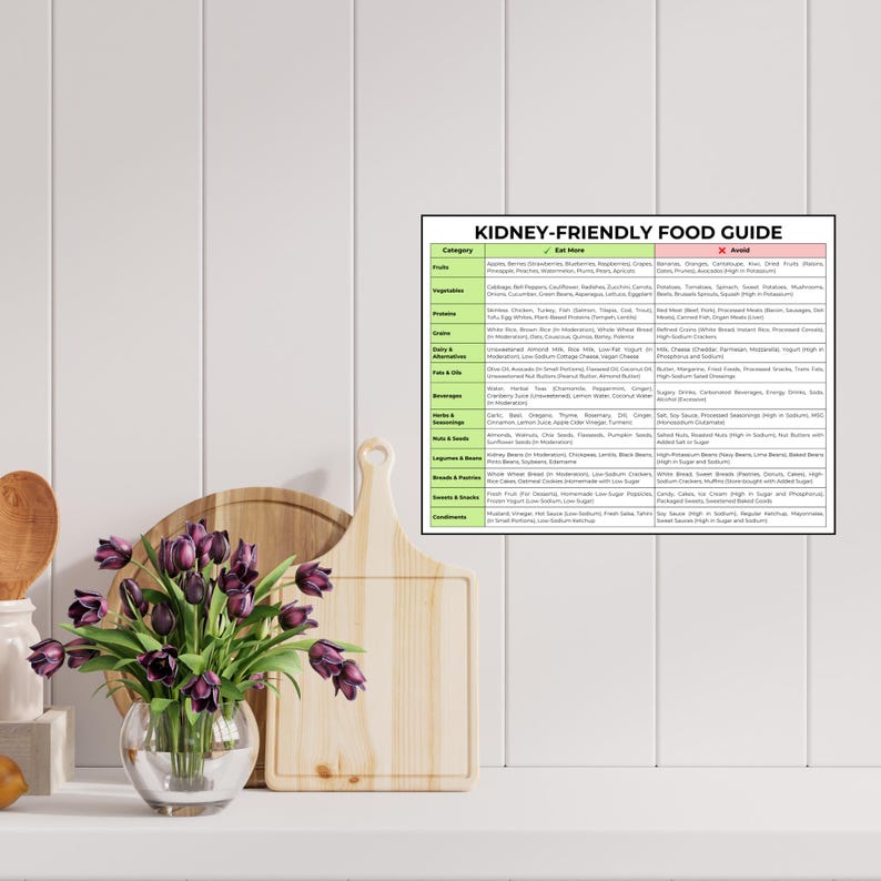Kidney-Friendly Food Guide Printable PDF – Easy-to-read chart with foods to eat and avoid for kidney health. Available in US Letter, A4, A3, and Tabloid sizes. Perfect for meal planning, CKD diet, and renal nutrition. Instant download for quick access!