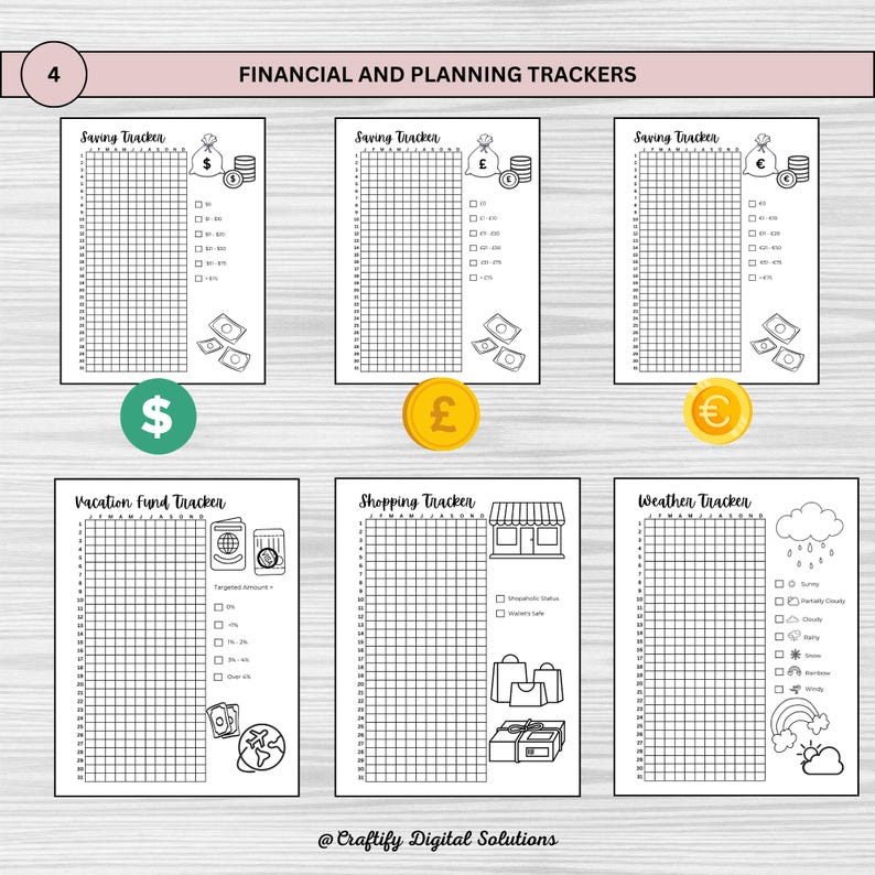 Printable pixel tracker bullet journal in US Letter, A4, and A5 sizes for daily tracking and wellness. Features 25 pages with unique trackers for savings, fitness, sleep, mood, and more. Digital download for habit, self-care, & productivity goals