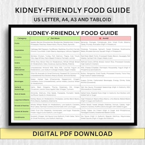 Kidney-Friendly Food Guide Printable | Renal Diet Chart | CKD Meal Planning | Instant Download PDF in US Letter, A4, A3, Tabloid Sizes