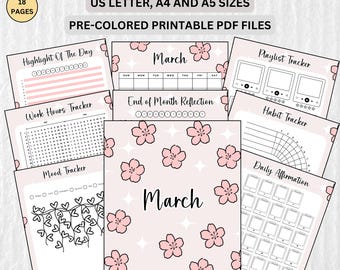 Bullet Journal-paket för mars | Utskrivbar vårkalender (PDF-nedladdning)