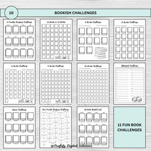 Digital Reading Journal featuring editable trackers, book challenges, mood and statistics trackers, book reviews, and more. Perfect for tracking your reading progress and organizing your books. Printable PDF format, easy to customize and use