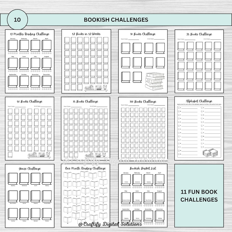 Digital Reading Journal featuring editable trackers, book challenges, mood and statistics trackers, book reviews, and more. Perfect for tracking your reading progress and organizing your books. Printable PDF format, easy to customize and use
