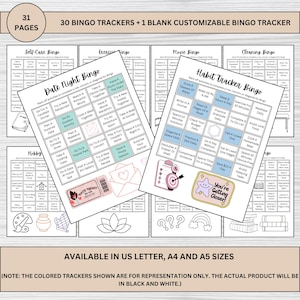 Paquete de 30 rastreadores de bingo + plantilla en blanco adicional / insertos para bullet journal / cuidado personal, películas, ejercicio, pasatiempos y más / carta de EE. UU., A4, A5