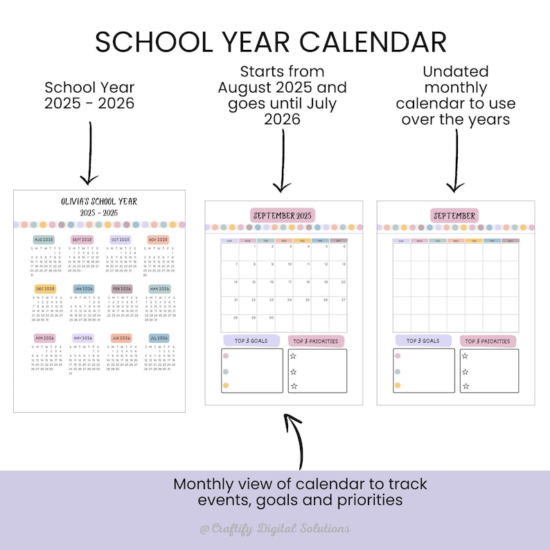 Personalized Kids School Planner with daily routine, homework tracker, chore chart, and goal-setting pages; Canva editable and printable in US Letter size.