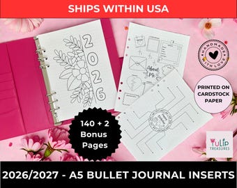 2026/2027 A5 Full Year Bullet Journal Inserts | 140 Pre-Punched Pages | Cardstock Paper | A5 Planner Refill | BUJO Inserts | Ships Within US