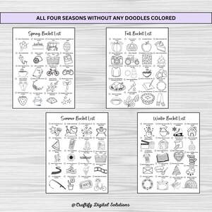 Bullet Journal 2025 Seasonal Bucket List Printables with Doodles for Spring, Summer, Fall, and Winter in A4, A5, and US Letter Sizes