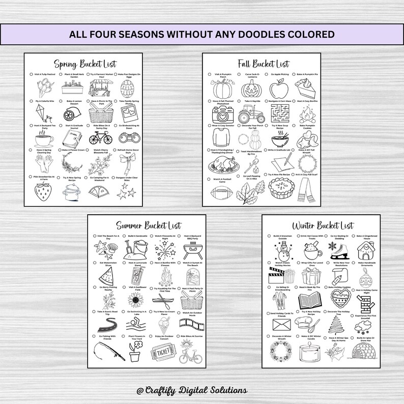 Bullet Journal 2025 Seasonal Bucket List Printables with Doodles for Spring, Summer, Fall, and Winter in A4, A5, and US Letter Sizes