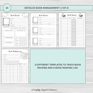 Digital Reading Journal featuring editable trackers, book challenges, mood and statistics trackers, book reviews, and more. Perfect for tracking your reading progress and organizing your books. Printable PDF format, easy to customize and use