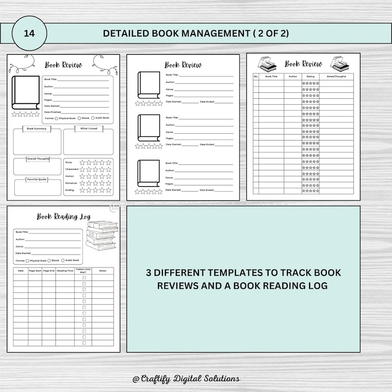 Digital Reading Journal featuring editable trackers, book challenges, mood and statistics trackers, book reviews, and more. Perfect for tracking your reading progress and organizing your books. Printable PDF format, easy to customize and use