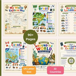 Cahier d'exercices : infos amusantes sur le tour du monde pour les enfants, activités de géographie, 22 pays, étude des continents, enseignement à domicile PDF imprimable