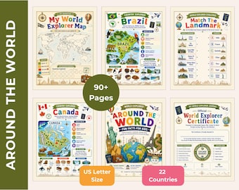 Around The World Fun Facts For Kids Workbook, Geography Activities, 22 Countries, Continents Study, Homeschool Printable PDF