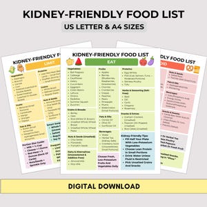 May include: A digital download of a kidney-friendly food list in US Letter and A4 sizes. The list categorizes foods into vegetables, fruits, proteins, grains, nuts, fats, and beverages, with kidney-friendly tips.