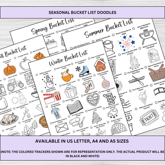 Seasonal Bucket List Doodles: Colorable Spring, Summer, Fall, Winter (PDF)