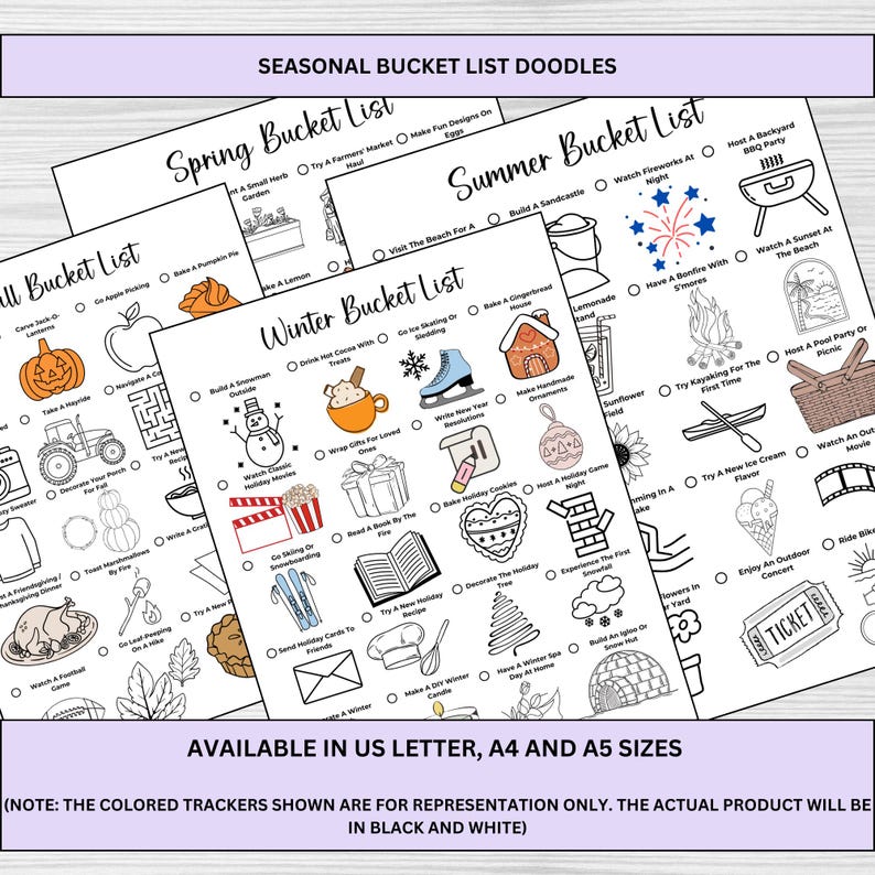 Bullet Journal 2025 Seasonal Bucket List Printables with Doodles for Spring, Summer, Fall, and Winter in A4, A5, and US Letter Sizes