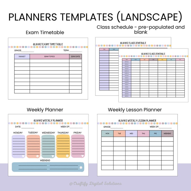 Personalized Kids School Planner with daily routine, homework tracker, chore chart, and goal-setting pages; Canva editable and printable in US Letter size.