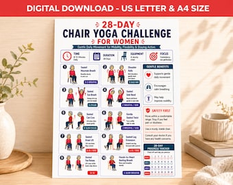 Reto de yoga en silla de 28 días para mujeres / Guía y registro de movilidad sentada (descarga digital)
