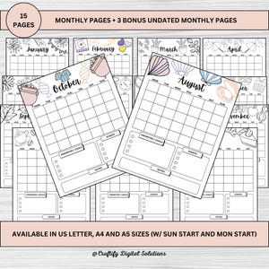15 páginas de calendario mensual sin fecha con garabatos: Bullet Journal imprimible en tamaños Carta de EE. UU., A4 y A5, inicio en domingo y lunes