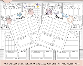 Doodle Monthly Calendar Printable: Undated Planner Pages (US Letter, A4, A5) (PDF Pattern)