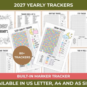 Puede incluir: Una colección de hojas imprimibles de seguimiento anual 2027 con portada floral, seguimiento de sueño, sueños, gratitud, pasos, autocuidado y año en píxeles. Las páginas incluyen un rastreador de marcadores integrado y están disponibles en tamaños A4, A5 y US Letter.